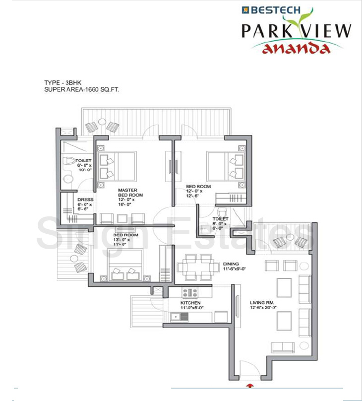 Bestech Park View Ananda 3BHK 1660 Sqft layout