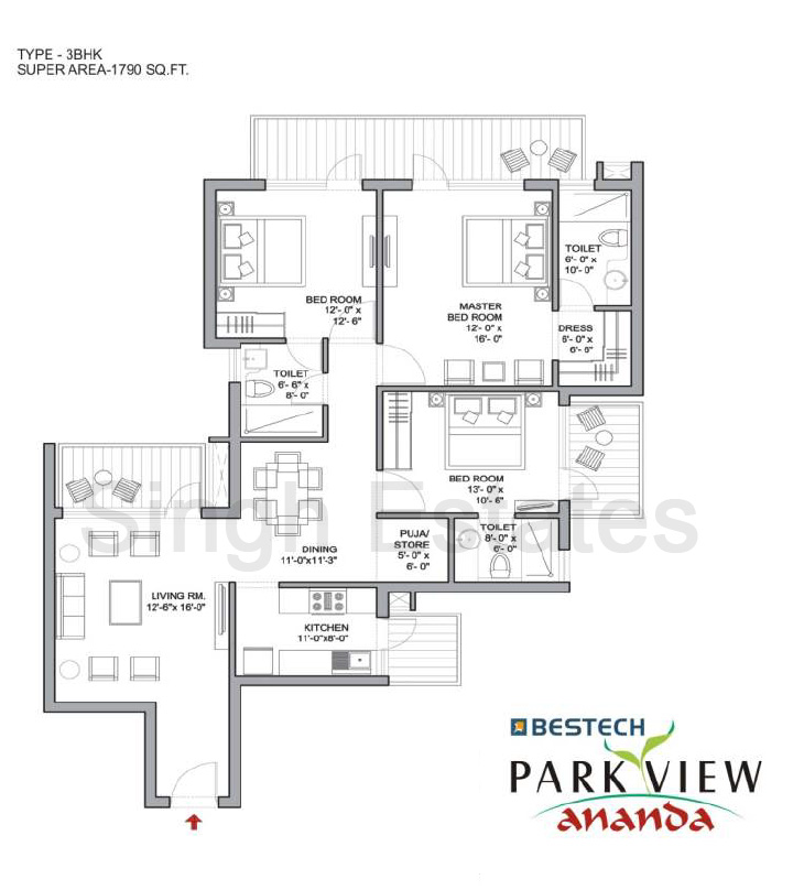 Bestech Park View Ananda 3BHK 1790 Sqft layout