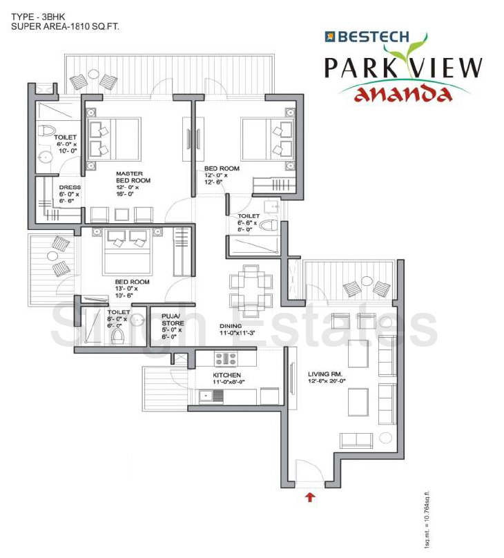Bestech Park View Ananda 3BHK 1810 Sqft layout.